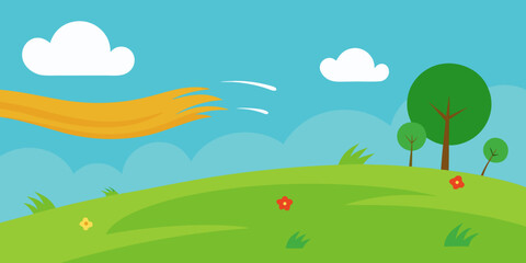 Obraz premium Sunlit summer landscape with green trees, fields, and a vibrant rainbow under a cloudy sky