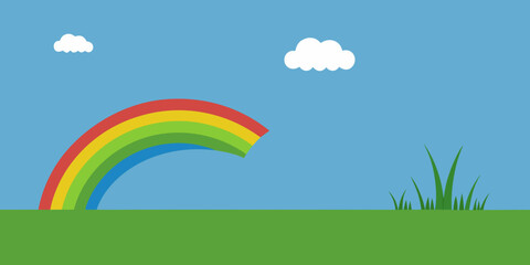 A colorful rainbow arcs across the summer sky, beautifully illustrating a vibrant nature landscape with green grass and fluffy clouds