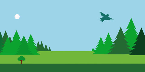 Obraz premium Vibrant vector landscape illustration of a forest with trees, mountains, and snow, perfect for winter holiday nature scenes