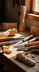 Sunlit Woodcarving Workshop: Intricate Tools and Sculptures