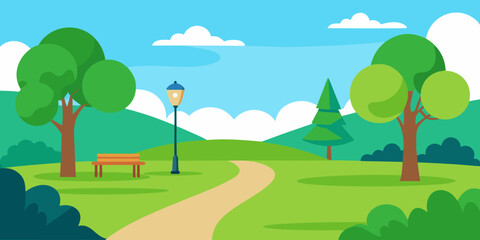 Obraz premium A vibrant summer landscape illustrates green hills, trees, and a clear sky over a peaceful meadow