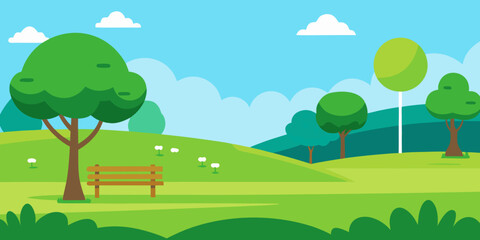 Naklejka premium Vibrant summer landscape featuring green hills, a bright blue sky with fluffy clouds, and trees scattered across a sunny meadow