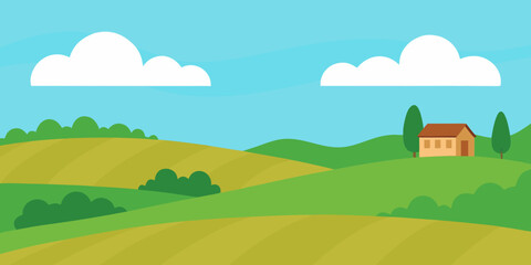 Obraz premium A vibrant summer rural landscape with a house, green fields, and a blue sky dotted with white clouds, offering a scenic countryside view