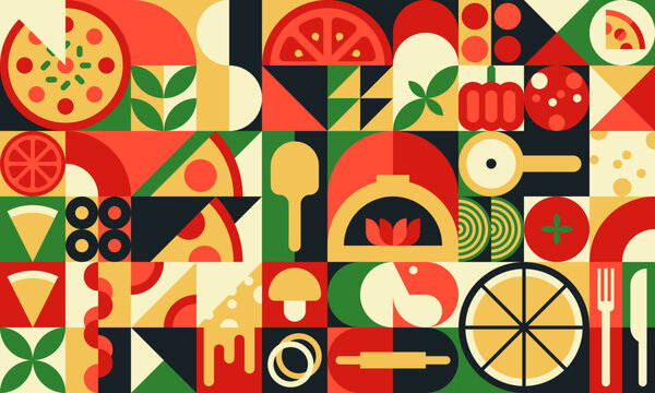 Pizza modern geometric pattern with pizza slices, ingredients and cooking utensils. Modern abstract vector background with bold colors, cheese, tomato, olives, mushrooms, basil leaves and oven shapes