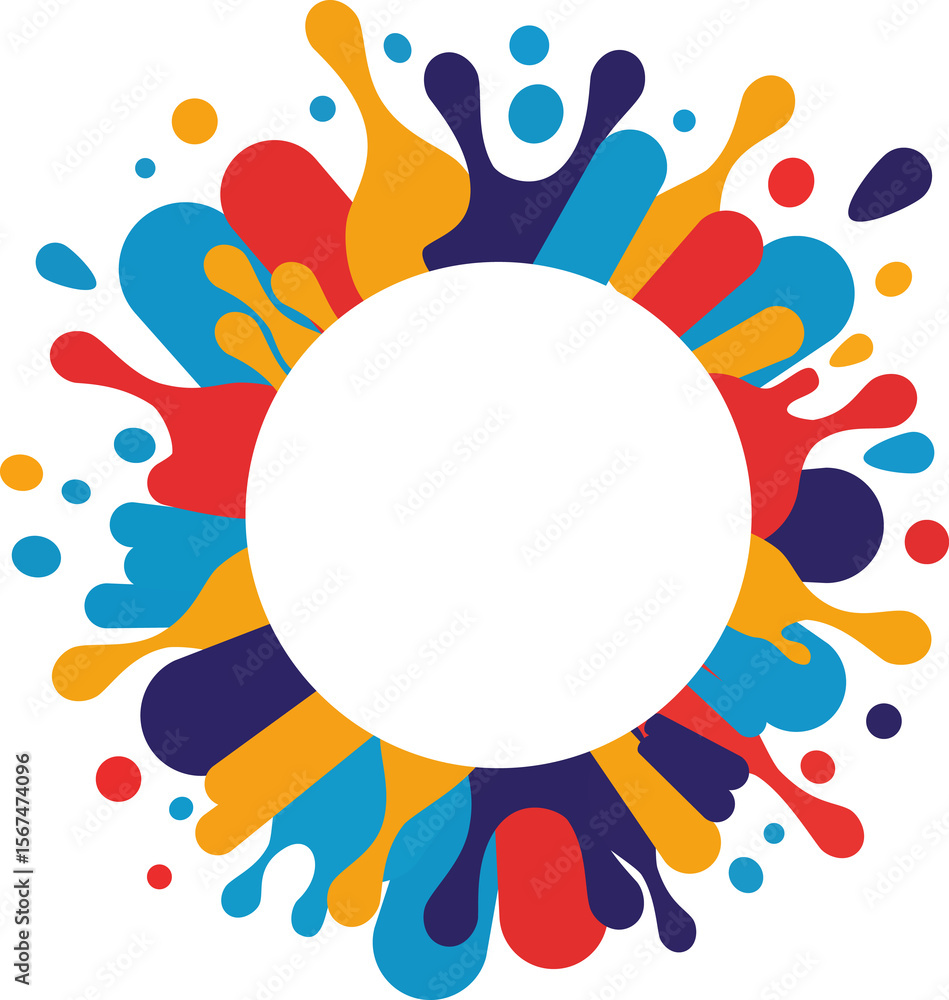 Poster colorful paint splatters forming a cheerful round frame with white copy space inside. abstract happy