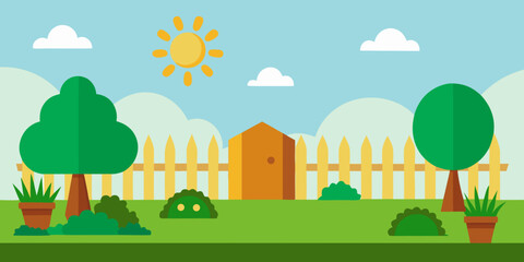 Cartoon vector illustration of a rural landscape with farm house, trees, and sky
