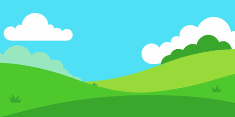 Obraz premium Sun-kissed summer mountain landscape with green trees, blue sky, and clouds