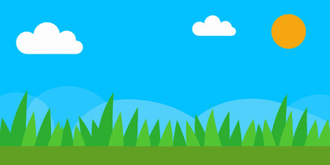 Green grass, blue sky, and vibrant flowers illustrate a serene summer landscape with rolling hills and fluffy clouds