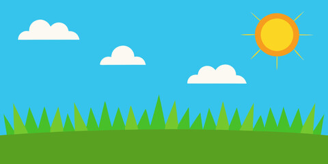 Obraz premium Bright summer landscape with green grass and vibrant flowers under a clear sky and shining sun, a perfect illustration of nature's beauty