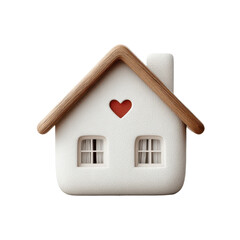 A small, stylized white house with a wooden roof, two windows, a chimney, and a red heart-shaped cutout above the windows.