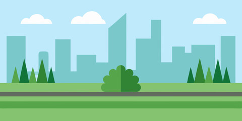 Fototapeta premium Man and woman walking through an urban landscape with green trees and modern architecture under a cloudy sky
