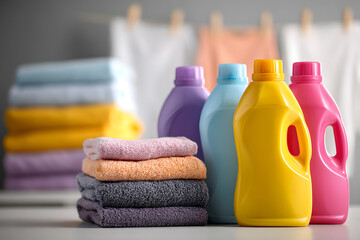 Laundry day essentials featuring colorful detergent bottles and neatly folded towels with clothes drying in the background