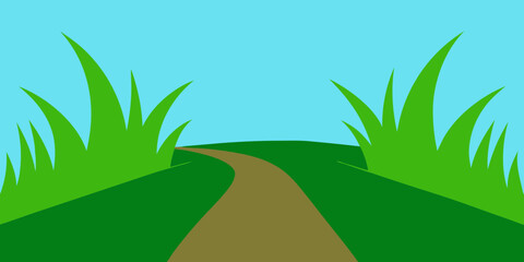 Obraz premium Green meadow landscape with a winding road and hills under a summer skyGreen meadow landscape with a winding road and hills under a summer sky