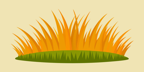 Abstract orange sunset with green grass and yellow flowers in a spring meadow landscape illustration