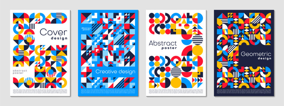 Abstract business posters with geometric pattern. Vector set of vintage art backgrounds or layout vertical templates featuring minimal circular, triangular and square shapes in red, blue and yellow.