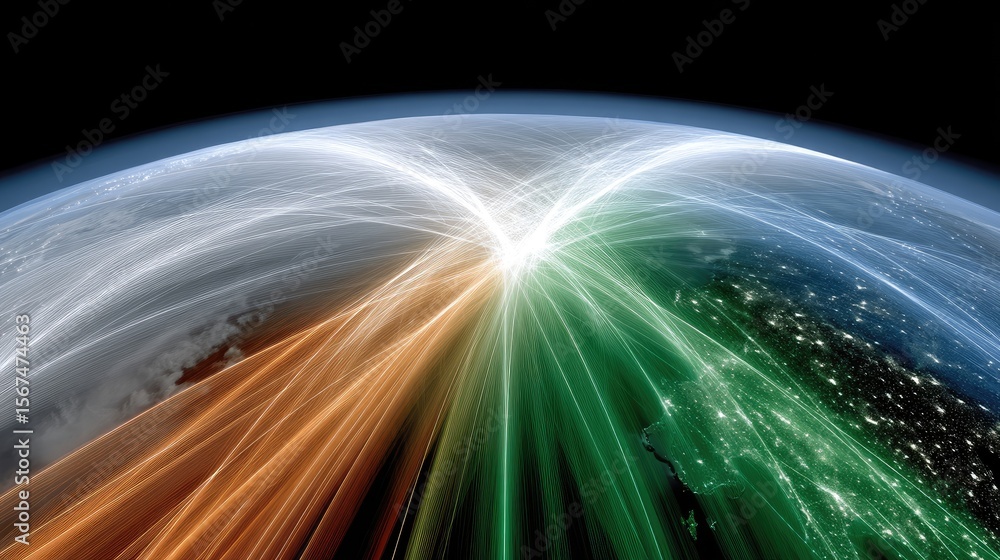 Aufkleber global communication network visualization: colorful data streams on earth