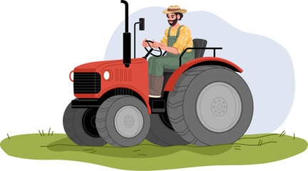 Farmer gardener character in tractor on field for agrarian agriculture, vector farm people. Farmer man or gardener worker in tractor, harvesting crop or ploughing soil in farming field of farmland