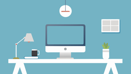 Television and computer monitors on a desk displaying digital business and technology icons