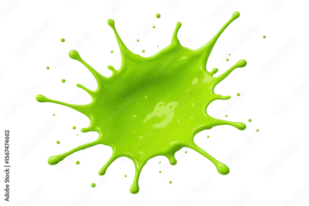 Poster vivid green paint splashing, creating dynamic droplets and a vibrant, messy splat, perfect for addin