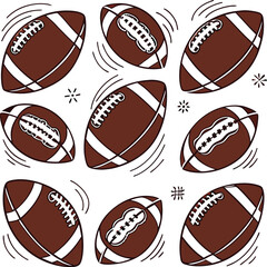Collection of cartoon american footballs in various positions with motion lines