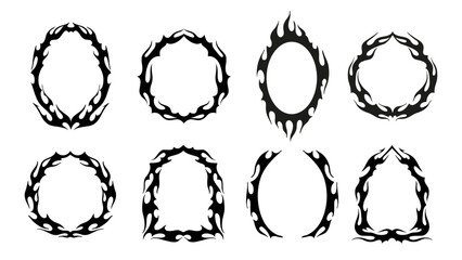 Fototapeta premium Tribal gothic frames with vector borders of fantasy y2k ornaments. Neo gothic black frames for tattoo or horror Halloween decoration. Abstract tribal fire flames and sharp spike branches border lines