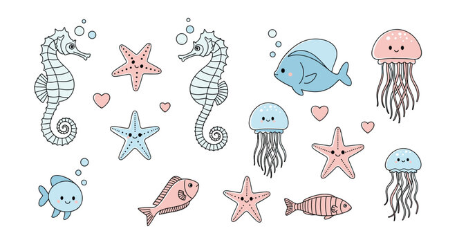 Charming underwater world collection featuring cute seahorses starfish and jellyfish illustrations