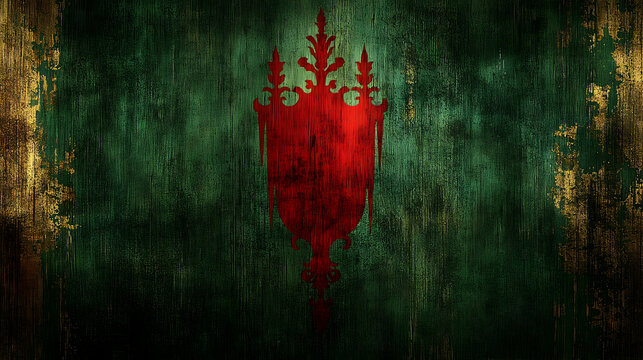 Red Emblem on Textured Green and Gold Background, Abstract and G