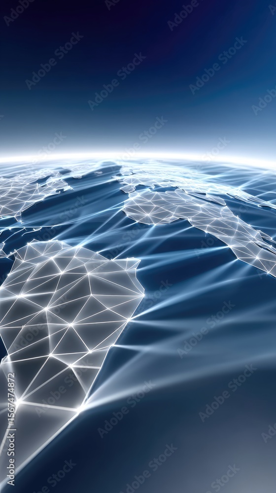 Poster global network connections: abstract blue polygon mesh map with cyber signal beams