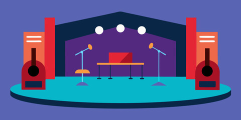 Stage Design Concert Venue Illustration with Microphones and Speakers