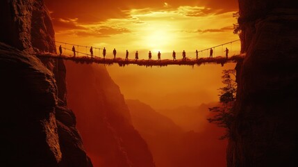 People walk across a fiery mountain bridge at sunrise