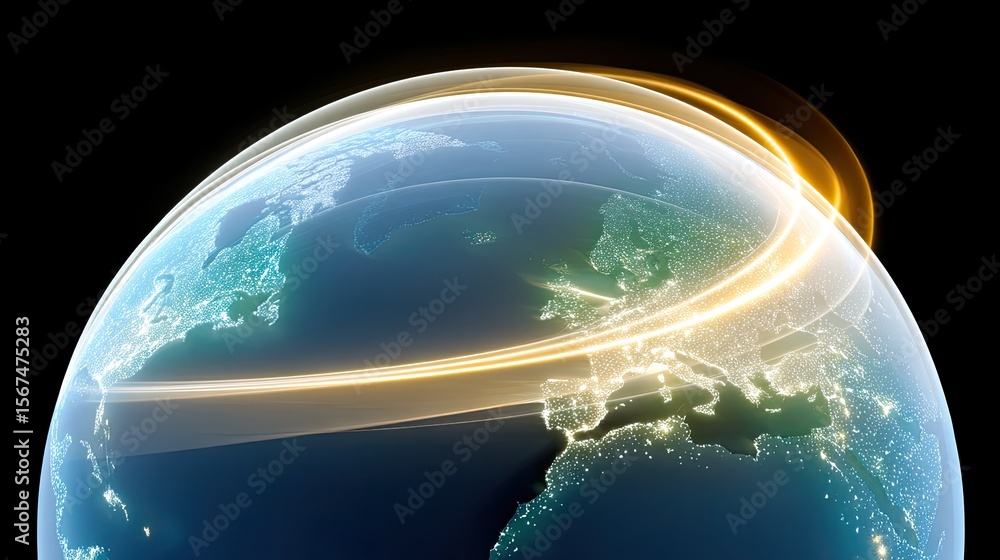 Poster global network connectivity shown via curved data arcs