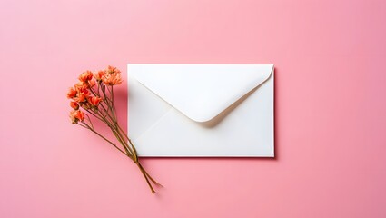 Flat lay of white envelope and dried flowers on pink background for greeting card design