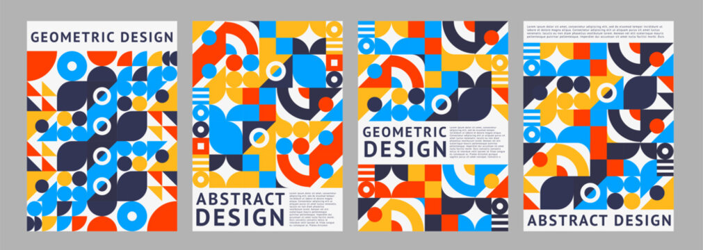 Abstract poster with geometric pattern shapes. Retro modern vector covers, vertical backgrounds with minimal figures. Trendy layout templates with circle, triangle, dot, line and square vivid elements
