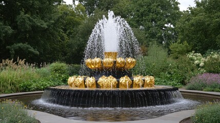 Ornate golden fountain in a garden