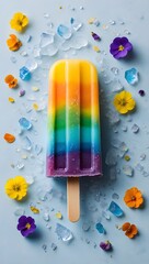 Rainbow popsicle with edible flowers and ice crystals summer treat colorful dessert photography