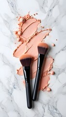 Makeup brushes and powder on marble background for beauty and cosmetic product photography