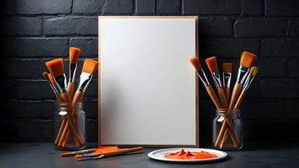 Artist canvas mockup with paint brushes and orange paint for painting art studio design