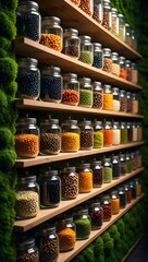 Organized pantry with glass jars filled with beans lentils and grains on wooden shelves