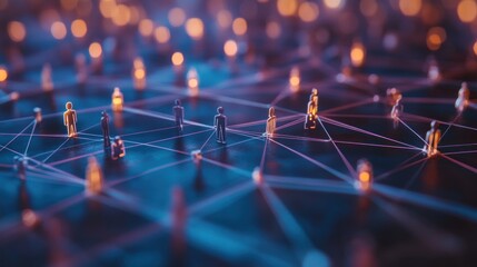 Networked figures in a blurred city glow