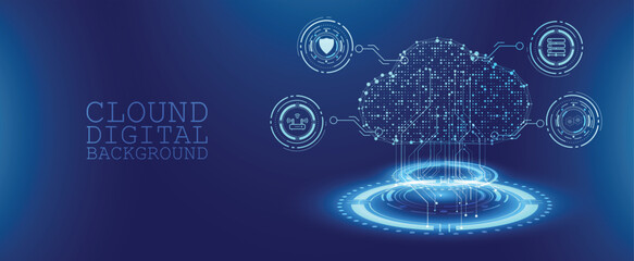 Cloud computing digital background with data icons and tech connection on blue theme
