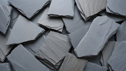 Stock photo of gray slate stone tiles for roofing material flat lay background texture design