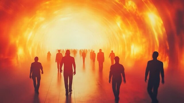 Silhouetted Figures Walk Towards Bright Light in Tunnel of Hope