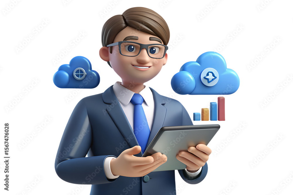 Poster smiling 3d cartoon executive manages cloud data, symbolizing efficient digital solutions and modern 