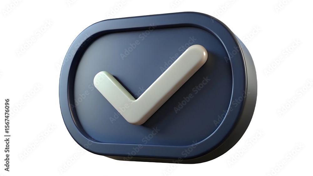 Fototapete a 3d rendered dark blue oval button with a raised white checkmark symbol inside representing approva