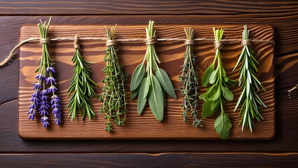 Hanging herbs bundle on wooden board rosemary thyme sage lavender basil organic herbs