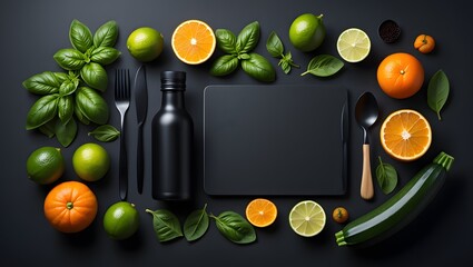 Healthy eating flat lay fresh food photography black background with fruits and vegetables