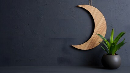 Moon decor ideas: wood moon wall hanging with plant in pot for modern home decoration style