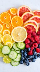 Fresh fruit and vegetable slices rainbow arrangement healthy eating colorful food background