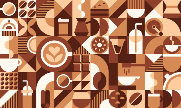 Coffee drink geometric pattern background with abstract shapes, beige and brown tones. Vector modular tile with cups, coffee beans, mugs, espresso machines, milk jugs, and desserts. Retro cafe tile