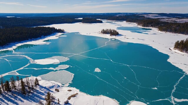 Aerial view of a frozen lake surrounded by snow-covered trees. Ice patches float on the turquoise water, creating a striking contrast with the winter landscape.